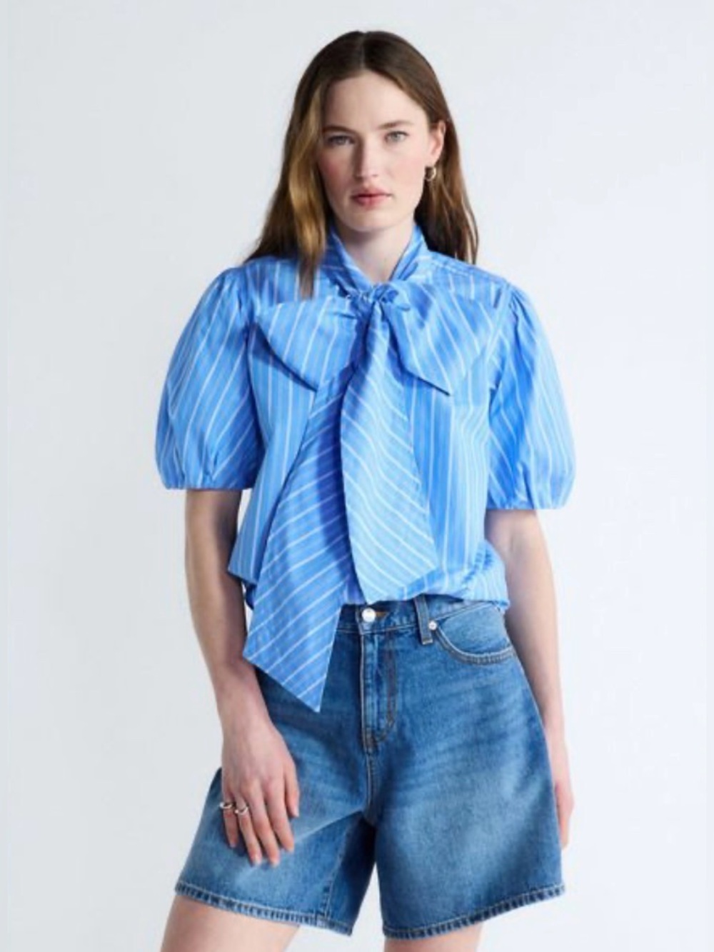 Free Assembly Women’s Cotton Bow Blouse with Short Puff Sleeve